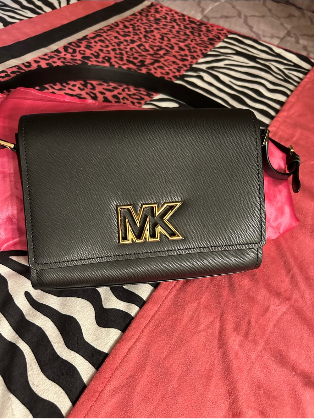 Michael Kors Black Leather MK Logo Crossbody with Gold Hardware